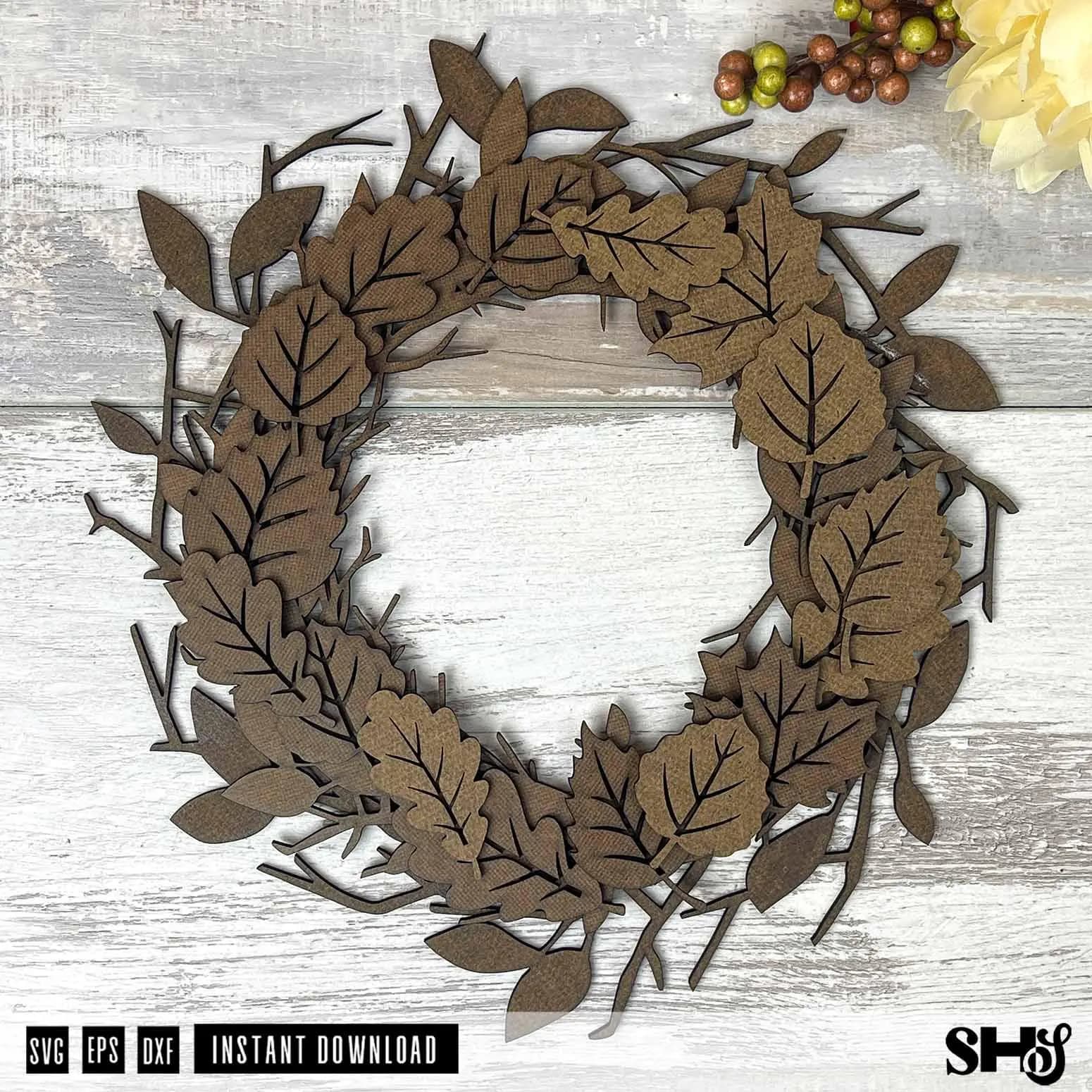 Fall Leaves Wreath Laser Cut File | DIY Door Hanger (svg, dxf, eps, pdf)