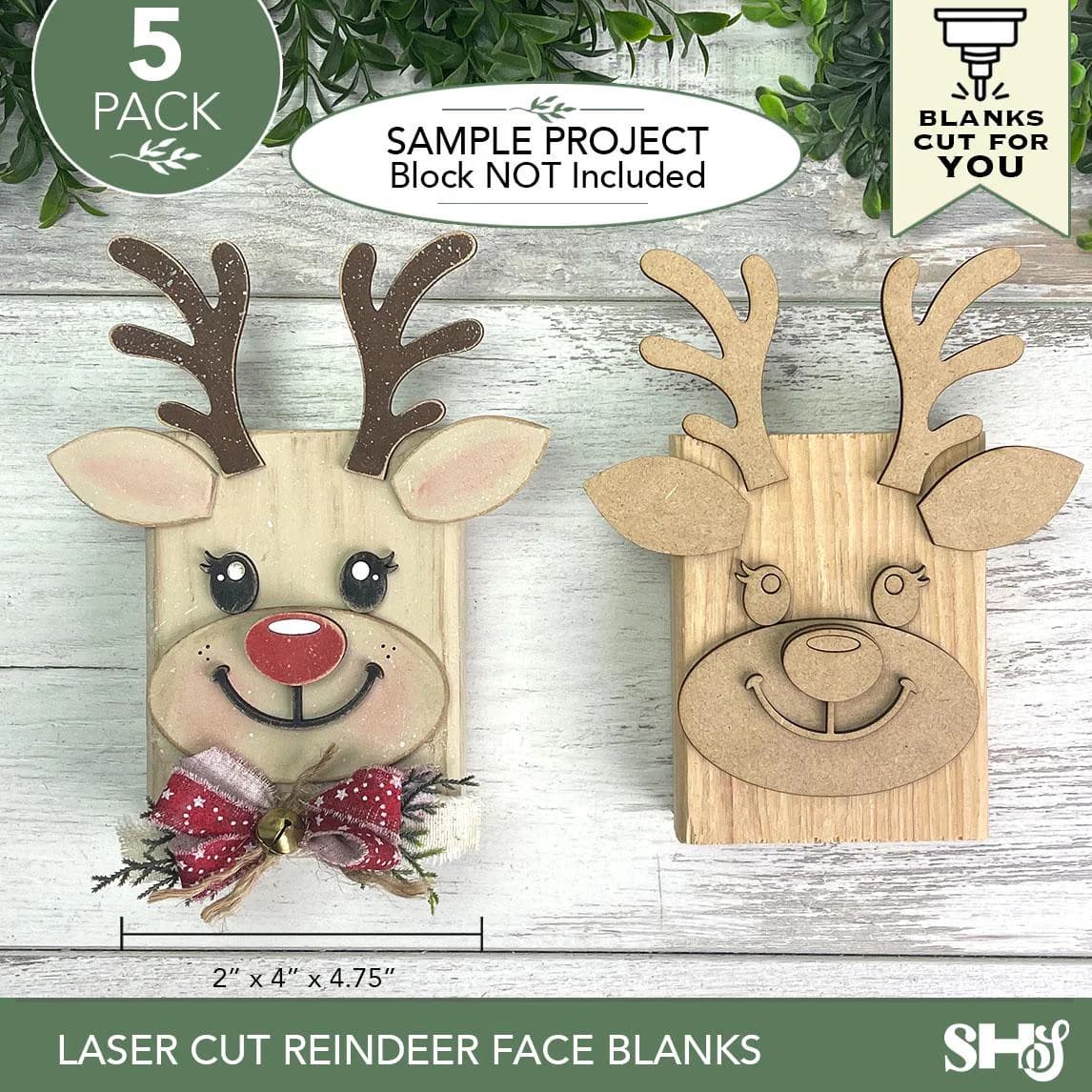 Laser Cut Reindeer Face Blanks | 5 Pack Paintable Hardboard Craft Bundle