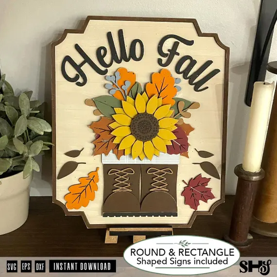 Hello Fall Boots SVG | Sunflower Laser Cut File | Autumn Farmhouse Door Sign