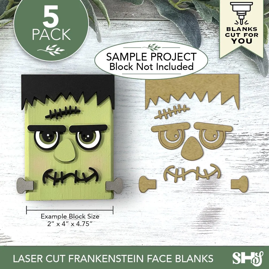 Laser Cut Frankenstein Face Blanks | 5 Pack Paintable Halloween Hardboard Craft Bundle