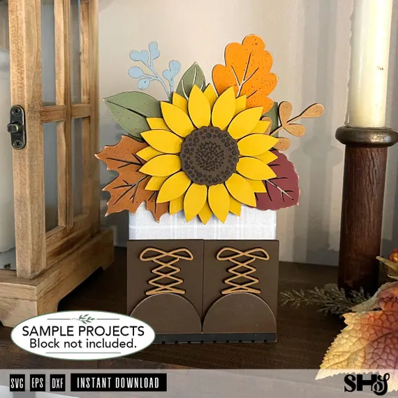 Fall Boots Sunflower Shelfsitter SVG | Autumn Boots Wood Block Laser Cut File