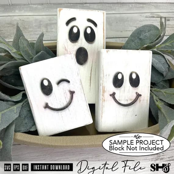 Ghost Faces SVG Wood Block Bundle | 5 Halloween Ghost Shelf Sitter Laser Cut Files