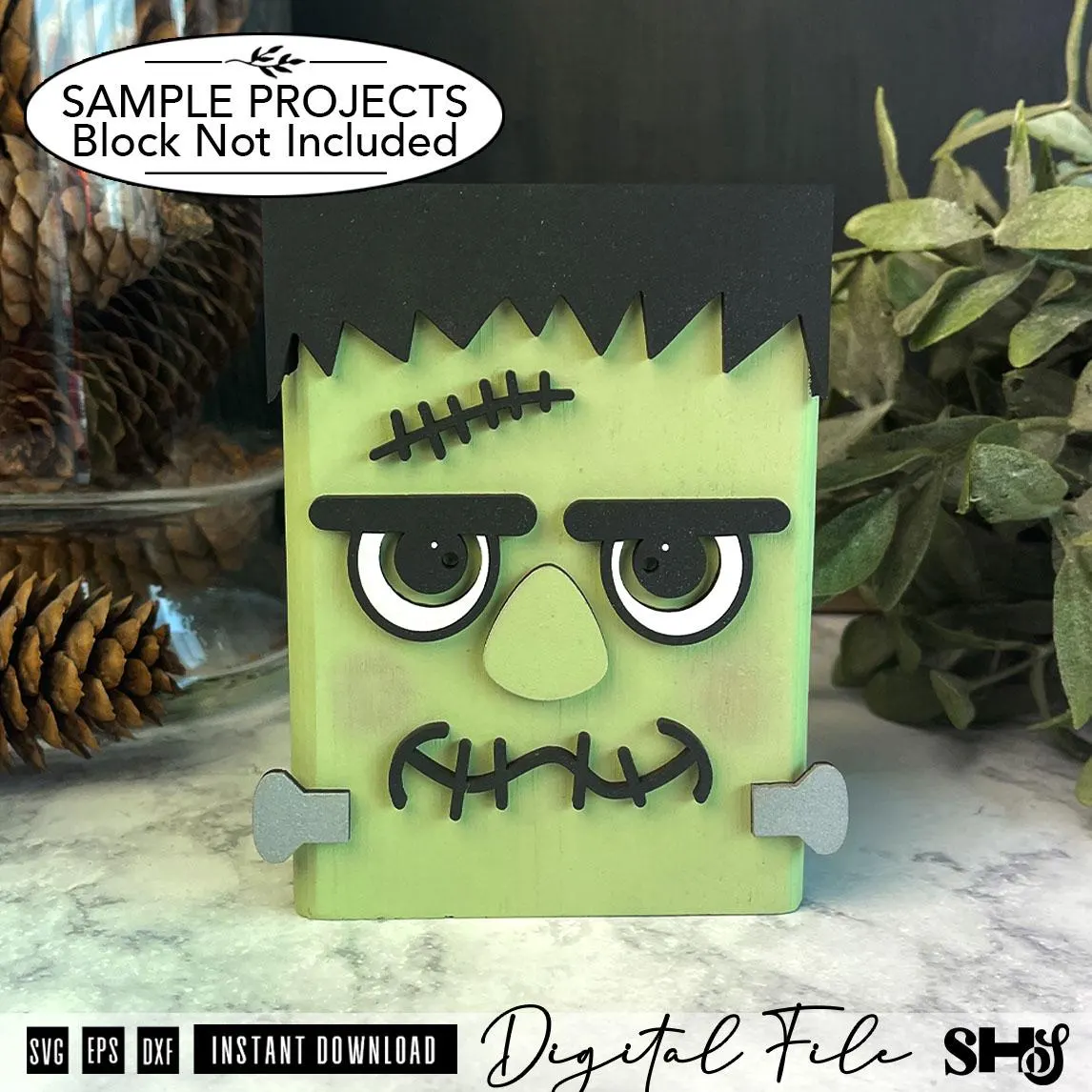 Frankenstein Face SVG | Halloween Shelf Sitter Block Decor | Fall Layered Laser Cut File