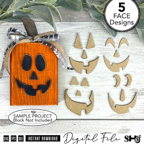 Jack-O-Lantern Faces SVG Bundle | 5 Pumpkin Shelf Sitter Laser Cut Files