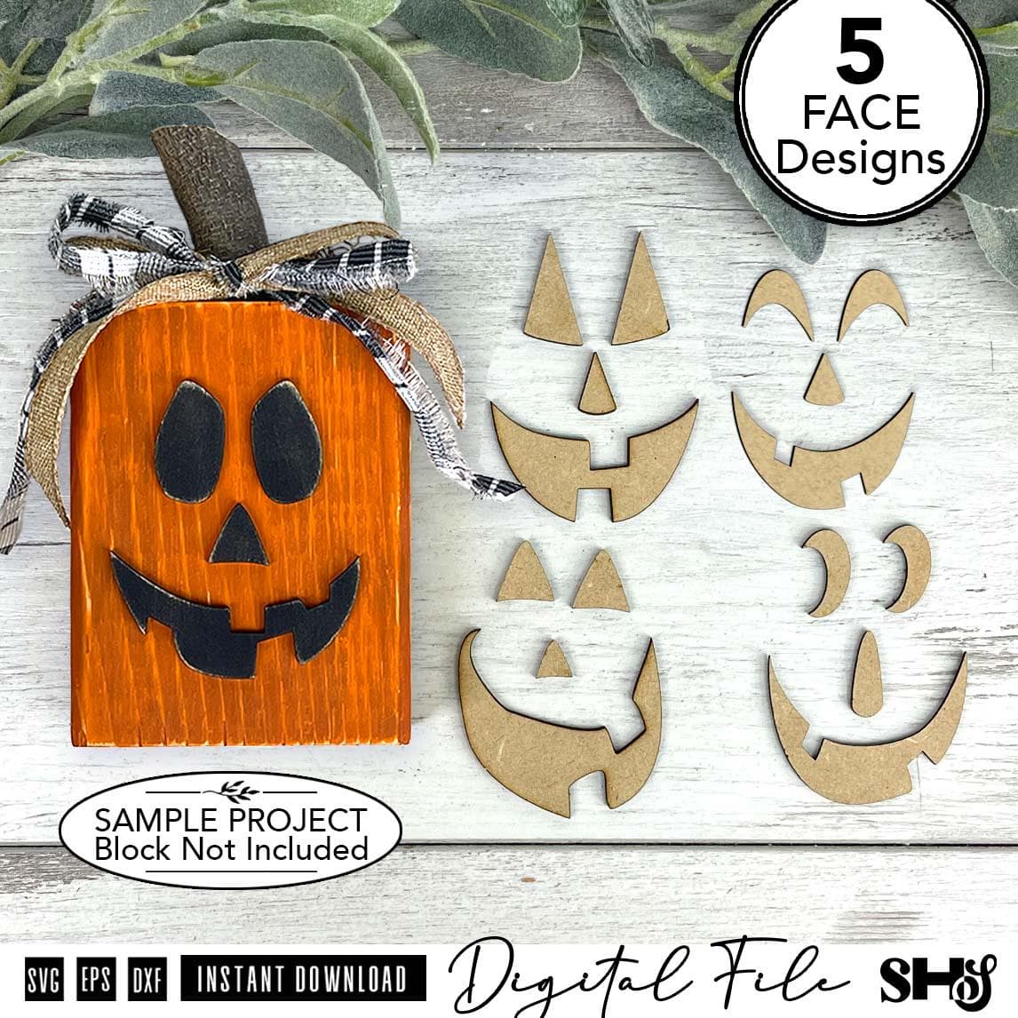 Jack-O-Lantern Faces SVG Bundle | 5 Pumpkin Shelf Sitter Laser Cut Files