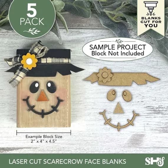 Laser Cut Scarecrow Face Blanks | 5 Pack Paintable Hardboard Craft Bundle