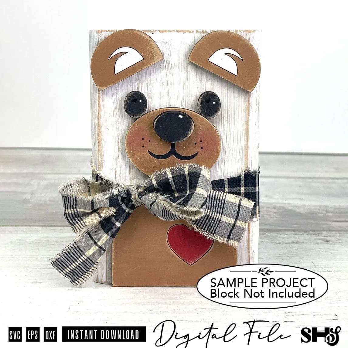Teddy Bear Face SVG | Bear Shelf Sitter Laser Cut File | Wood Block Craft Design | svg eps dxf