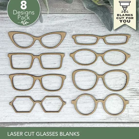 Laser Cut Glasses Blanks Set | 8 Wood Craft Shapes for Shelf Sitters