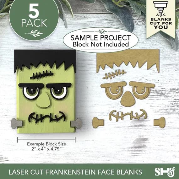 Laser Cut Frankenstein Face Blanks | 5 Pack Paintable Halloween Hardboard Craft Bundle