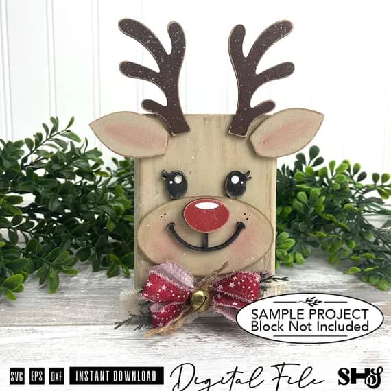 Reindeer Face SVG | Christmas Shelf Sitter Block Decor | Layered Laser Cut File