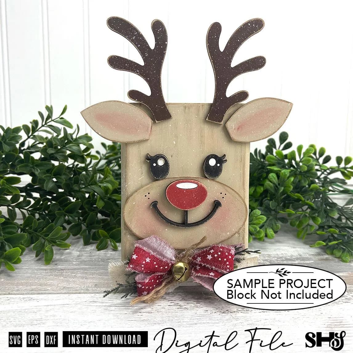Reindeer Face SVG | Christmas Shelf Sitter Block Decor | Layered Laser Cut File