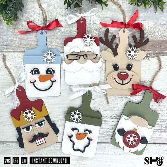 Christmas Faces SVG Cutting Board Ornament Bundle | 6 Xmas Ornament Laser Cut Files