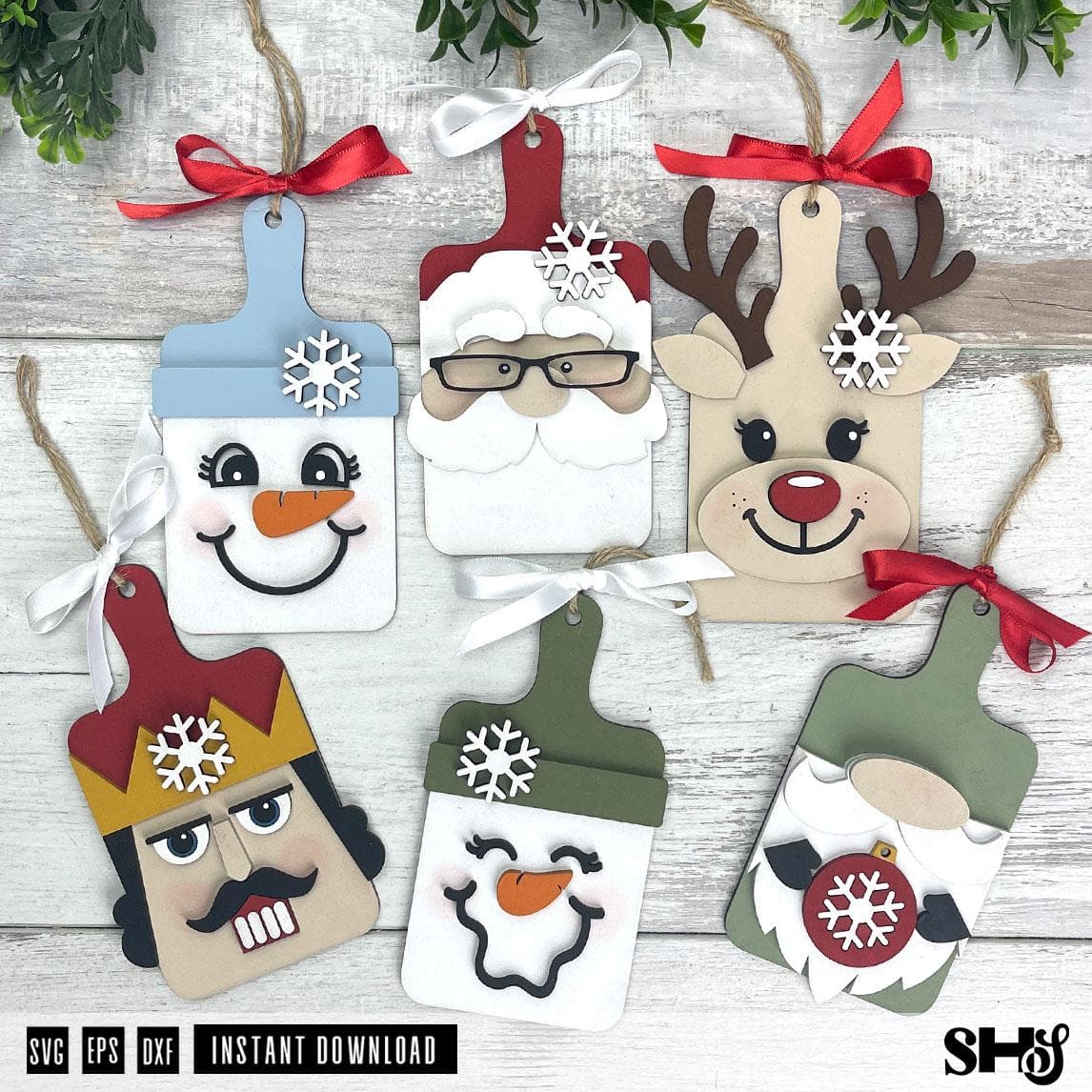 Christmas Faces SVG Cutting Board Ornament Bundle | 6 Xmas Ornament Laser Cut Files