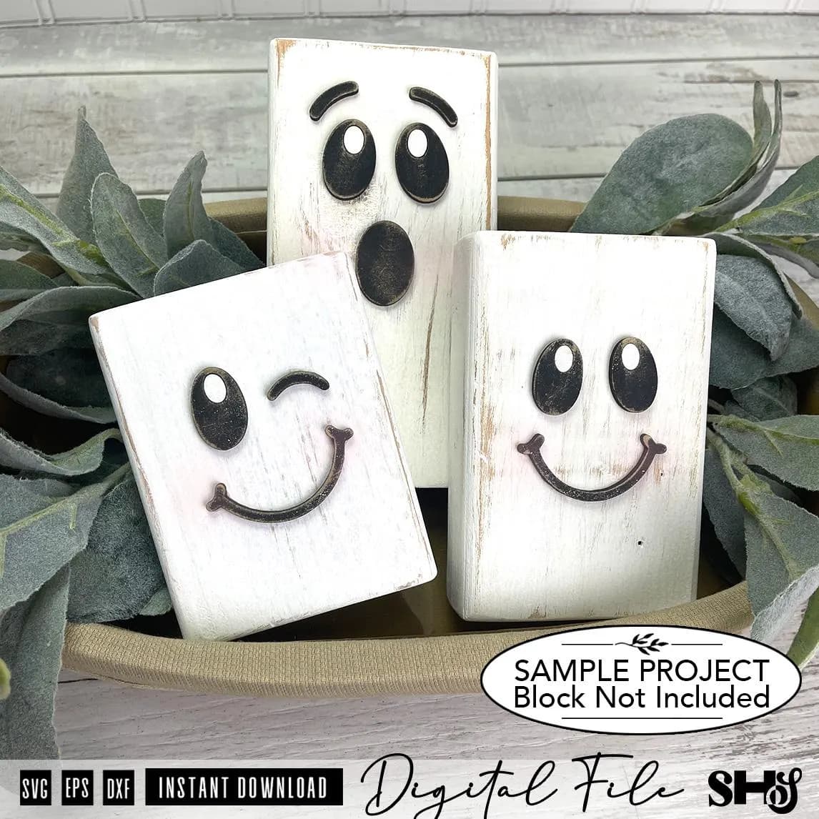 Ghost Faces SVG Wood Block Bundle | 5 Halloween Ghost Shelf Sitter Laser Cut Files