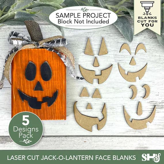 Laser Cut Jack-O-Lantern Face Blanks Bundle | 5 Halloween Wood Craft Designs