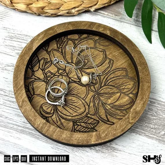 Magnolia Ring Dish Laser Cut File: Floral Trinket Tray SVG (Digital Download