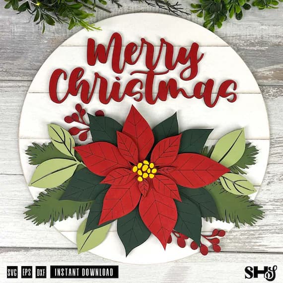 Merry Christmas Door Hanger Laser Cut SVG | Poinsettia Round | Holiday Door Hanger | Laser Cut Christmas Sign | SVG eps dxf