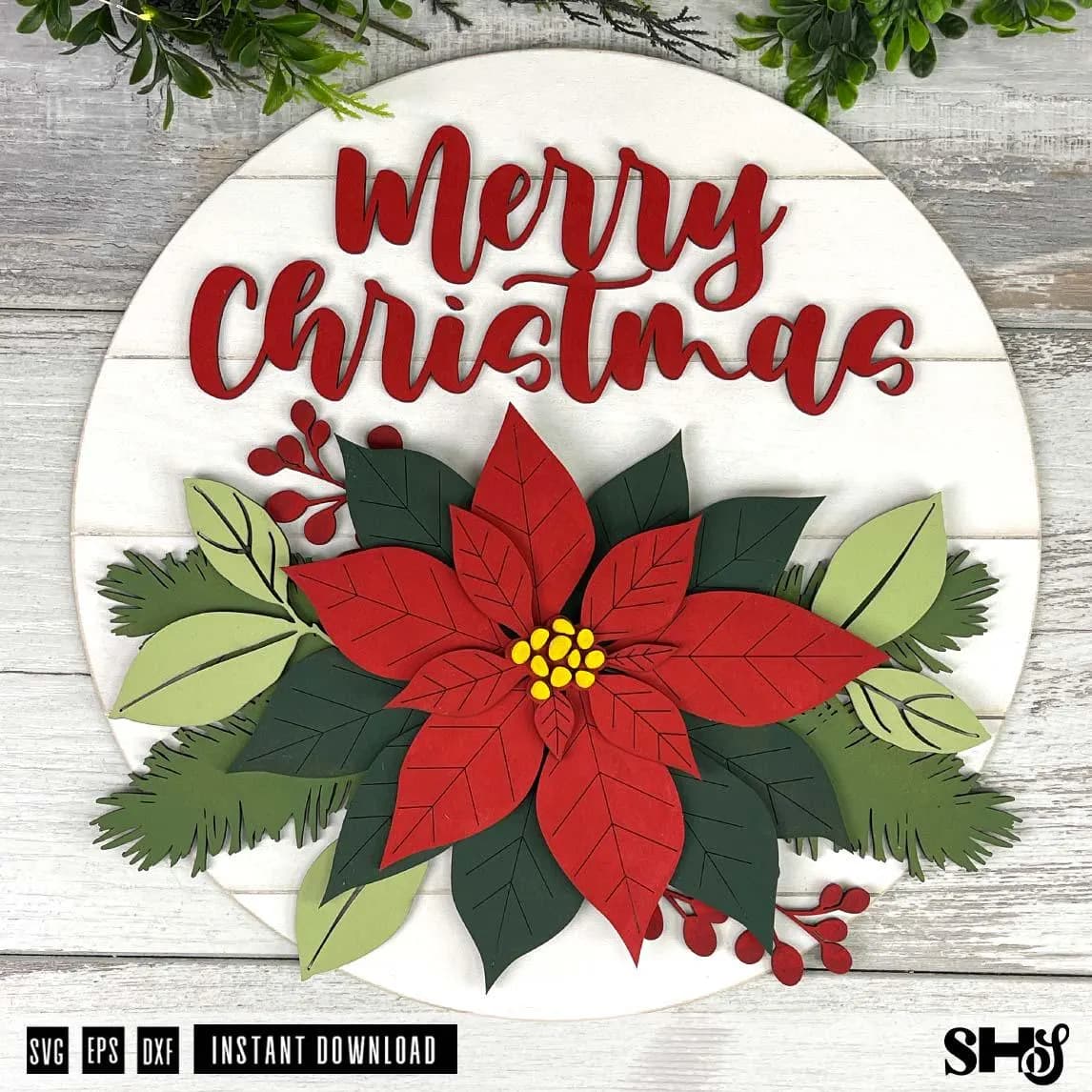 Merry Christmas Door Hanger Laser Cut SVG | Poinsettia Round | Holiday Door Hanger | Laser Cut Christmas Sign | SVG eps dxf