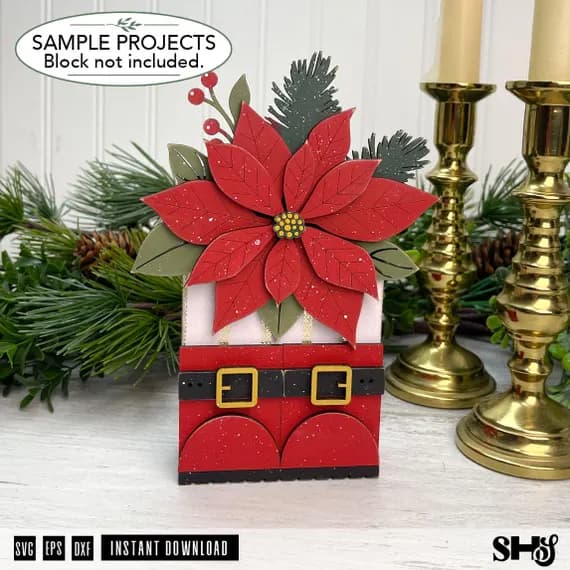 Santa Boots Floral Shelf Sitter SVG | Christmas Boots Wood Block Poinsettia Laser Cut File