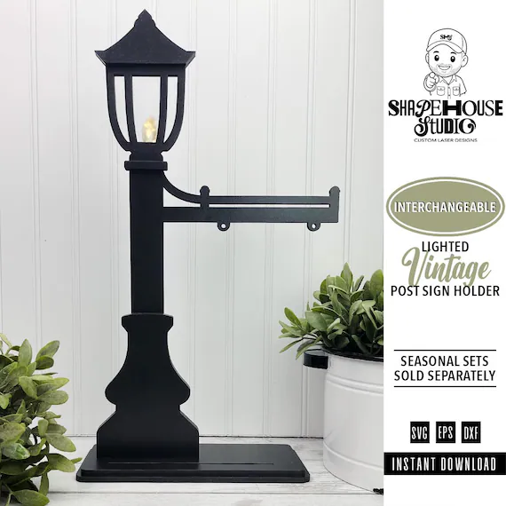 Vintage Lamp Post Sign Holder SVG | Laser Cut Interchangeable Sign Lamp Post | Porch Shelf Lamp Post Sign Interchangeable