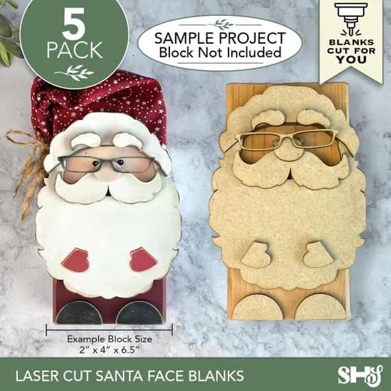 Laser Cut Santa Face Blanks | 5 Pack Paintable Hardboard Craft Bundle
