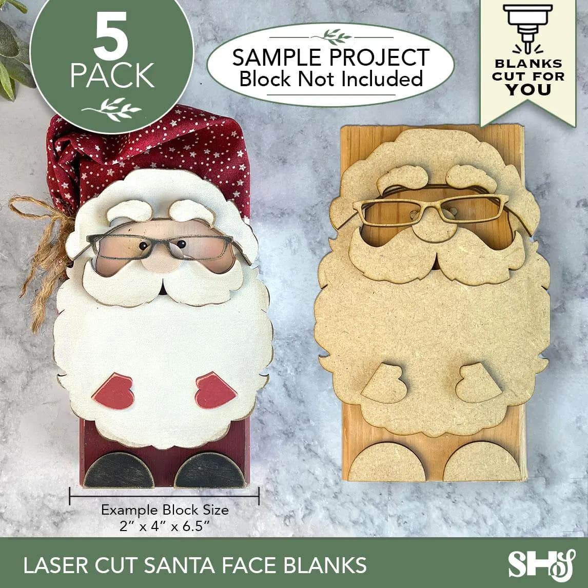 Laser Cut Santa Face Blanks | 5 Pack Paintable Hardboard Craft Bundle