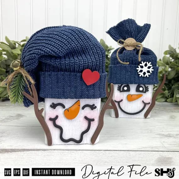Snowman Face SVG Bundle | Winter Shelf Sitter Block Decor | Layered Laser Cut File | svg eps dxf