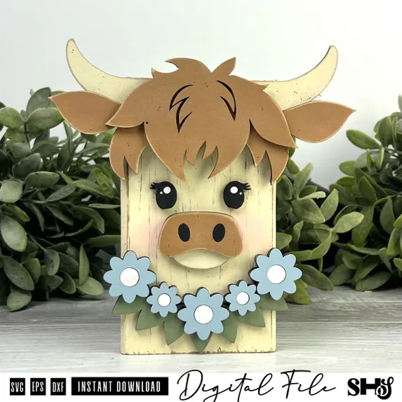 Highland Cow SVG | Highland Cow Wood Block Face Laser Cut File
