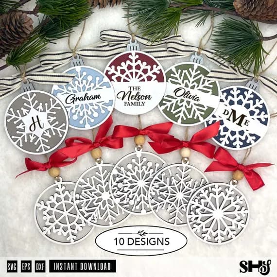 Customizable Snowflake Ornaments Bundle SVG | Christmas Tree Ornaments Laser Cut File