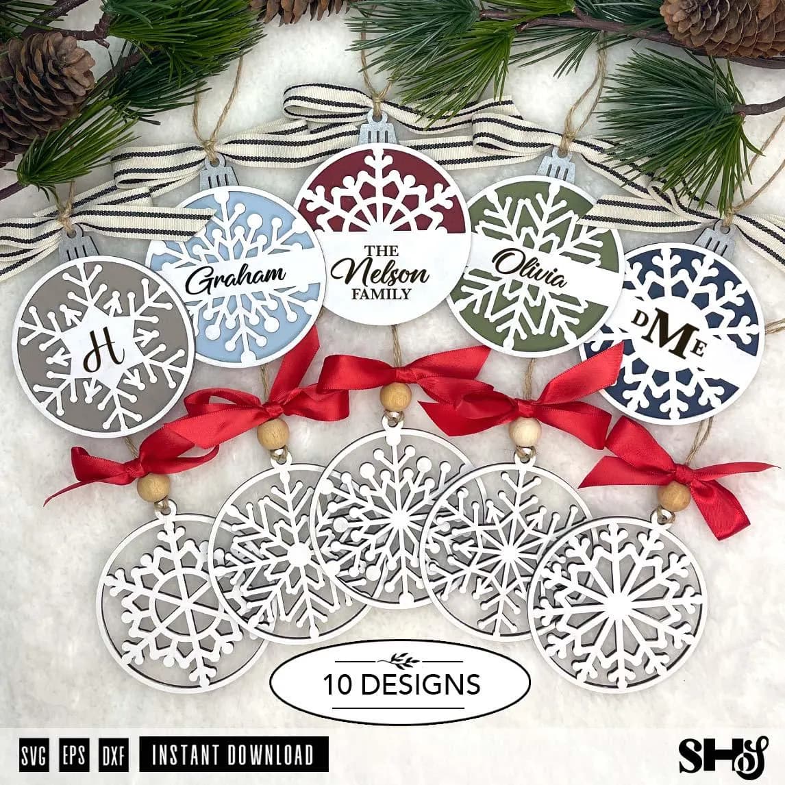 Customizable Snowflake Ornaments Bundle SVG | Christmas Tree Ornaments Laser Cut File