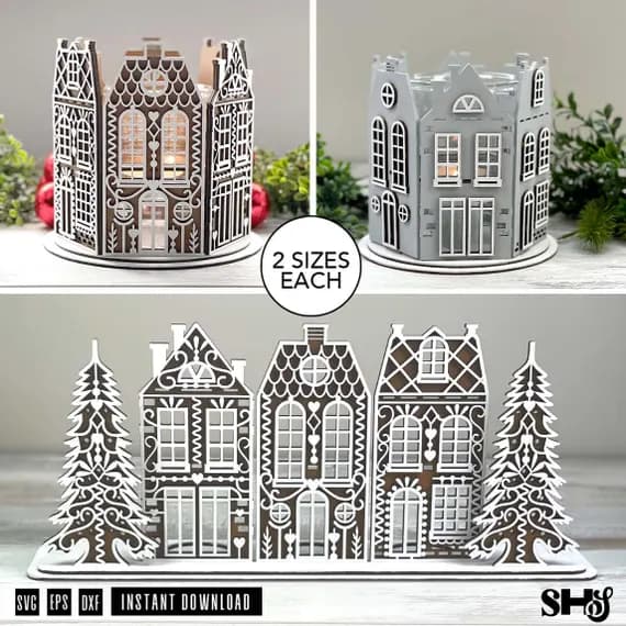 Gingerbread Village Candle Holder SVG Bundle | Laser Cut Christmas Houses | Holiday Centerpiece Lantern Files | SVG dxf eps