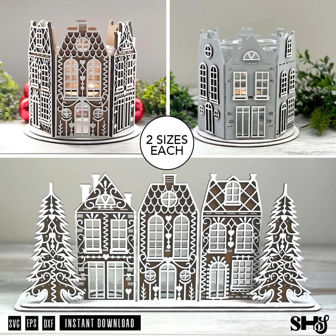 Gingerbread Village Candle Holder SVG Bundle | Laser Cut Christmas Houses | Holiday Centerpiece Lantern Files | SVG dxf eps